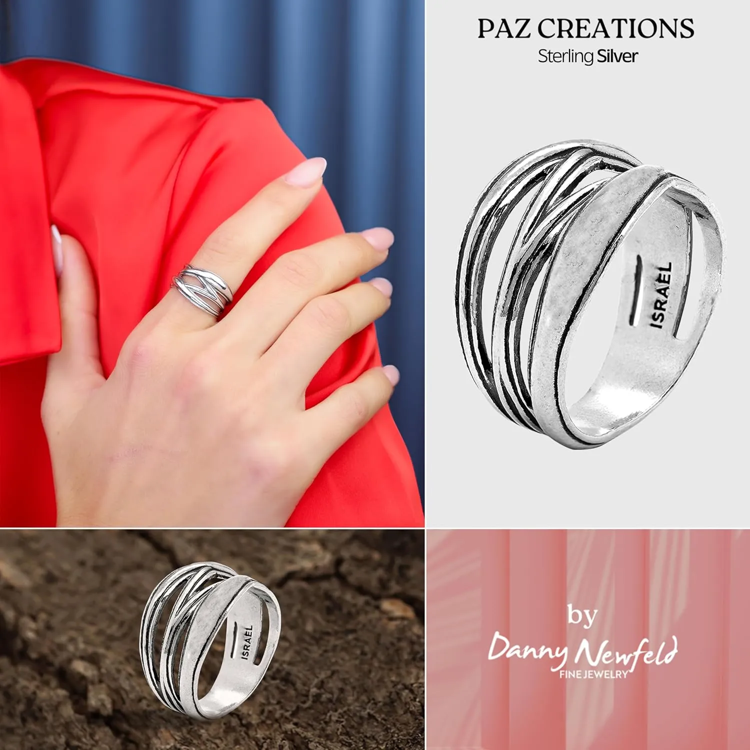 Paz Creations 925 Sterling Silver Criss Cross Statement Ring For Women, Artisan Handcrafted Designer with 1 Year Warranty, Silver/Gold Plated