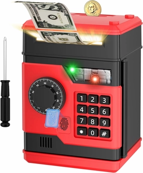 Piggy Bank, Automatic Electronic Piggy Bank for Kids Boys Girls with Password and Fingerprint Unlocking Simulation, Money Bank Kids Safe Toys for 3 4 5 6 7 8 9 10 Year Old Boy Girl (Black Red)