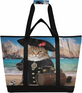 Pirate Captain Cat Reusable Insulated Lunchbox Cooler Bag, Leakproof Kitchen Grocery Bag Collapsible Portable Cooler Tote Bag for Picnic, Camping, Office, Travel