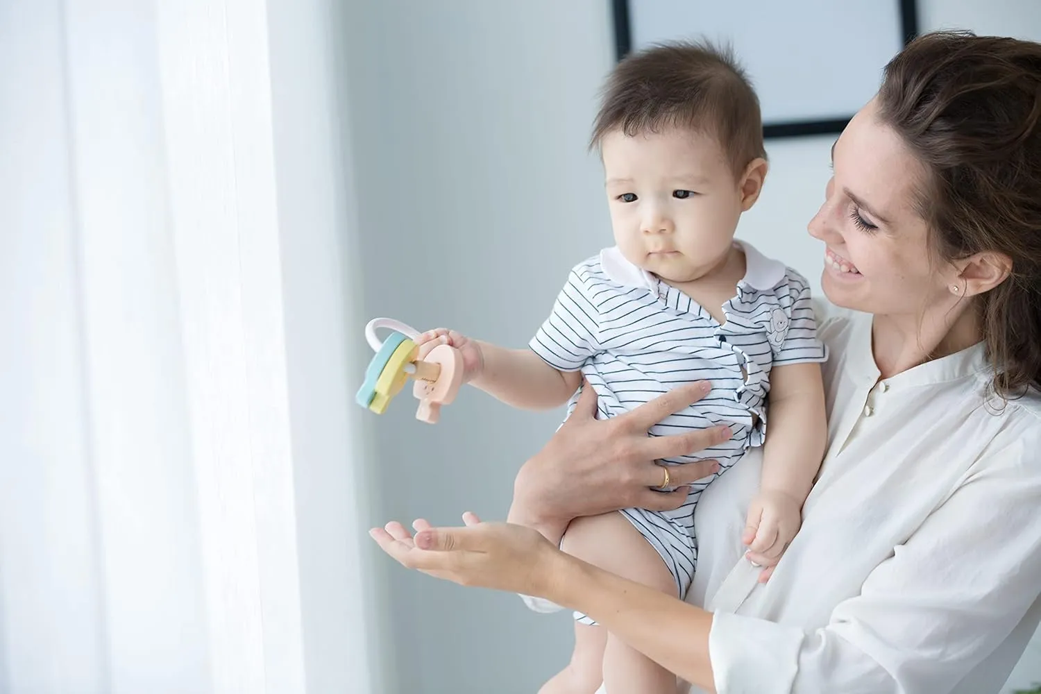 PlanToys Wooden Key Rattle and Teether Toy (5251) | Pastel Color Collection | Sustainably Made from Rubberwood and Non-Toxic Paints and Dyes