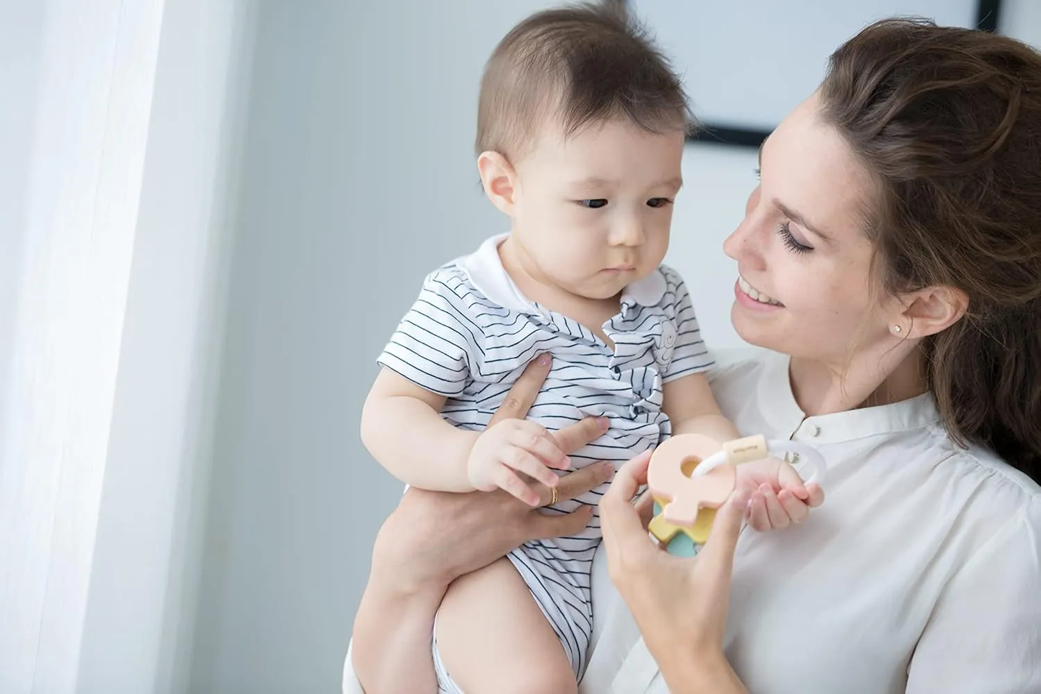 PlanToys Wooden Key Rattle and Teether Toy (5251) | Pastel Color Collection | Sustainably Made from Rubberwood and Non-Toxic Paints and Dyes