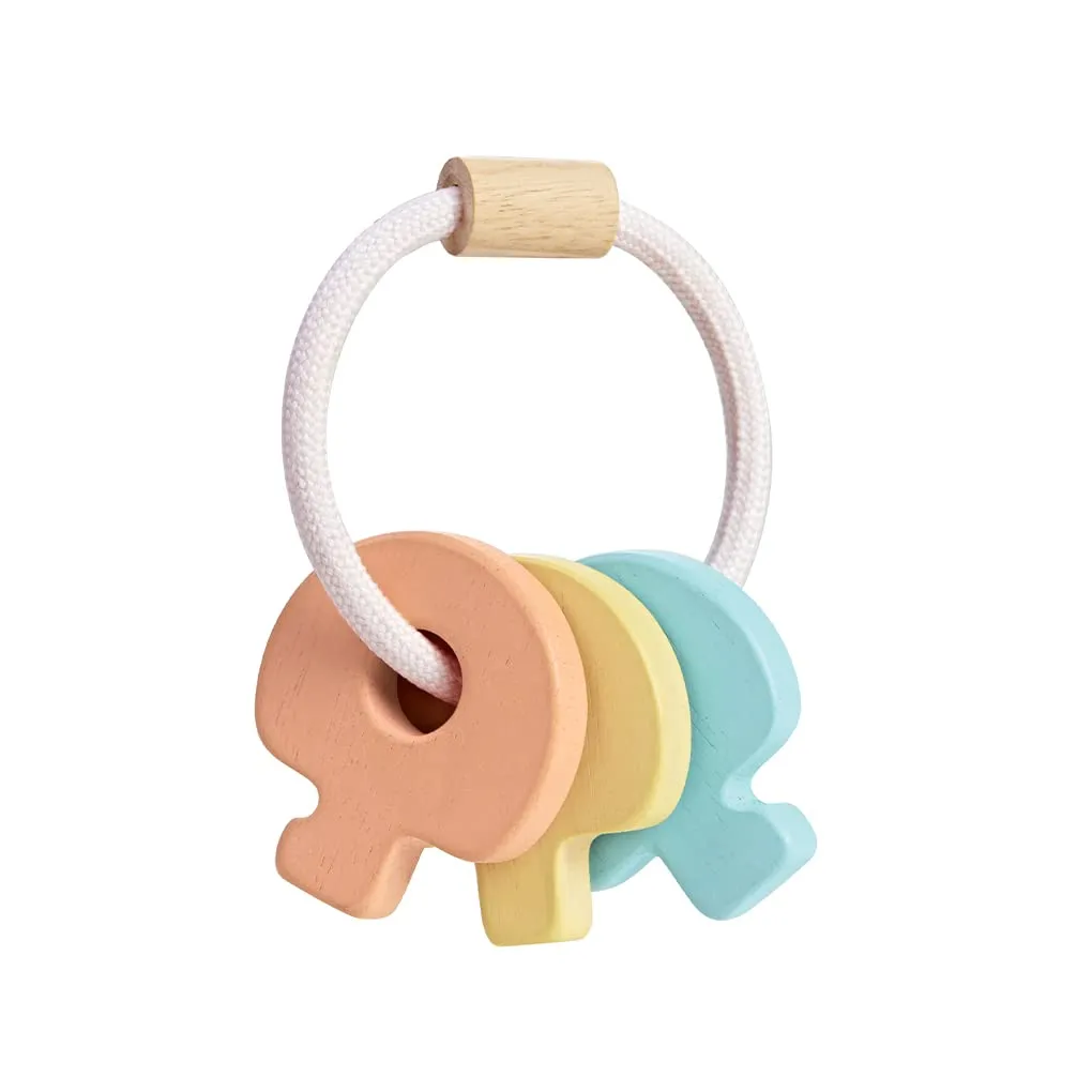 PlanToys Wooden Key Rattle and Teether Toy (5251) | Pastel Color Collection | Sustainably Made from Rubberwood and Non-Toxic Paints and Dyes