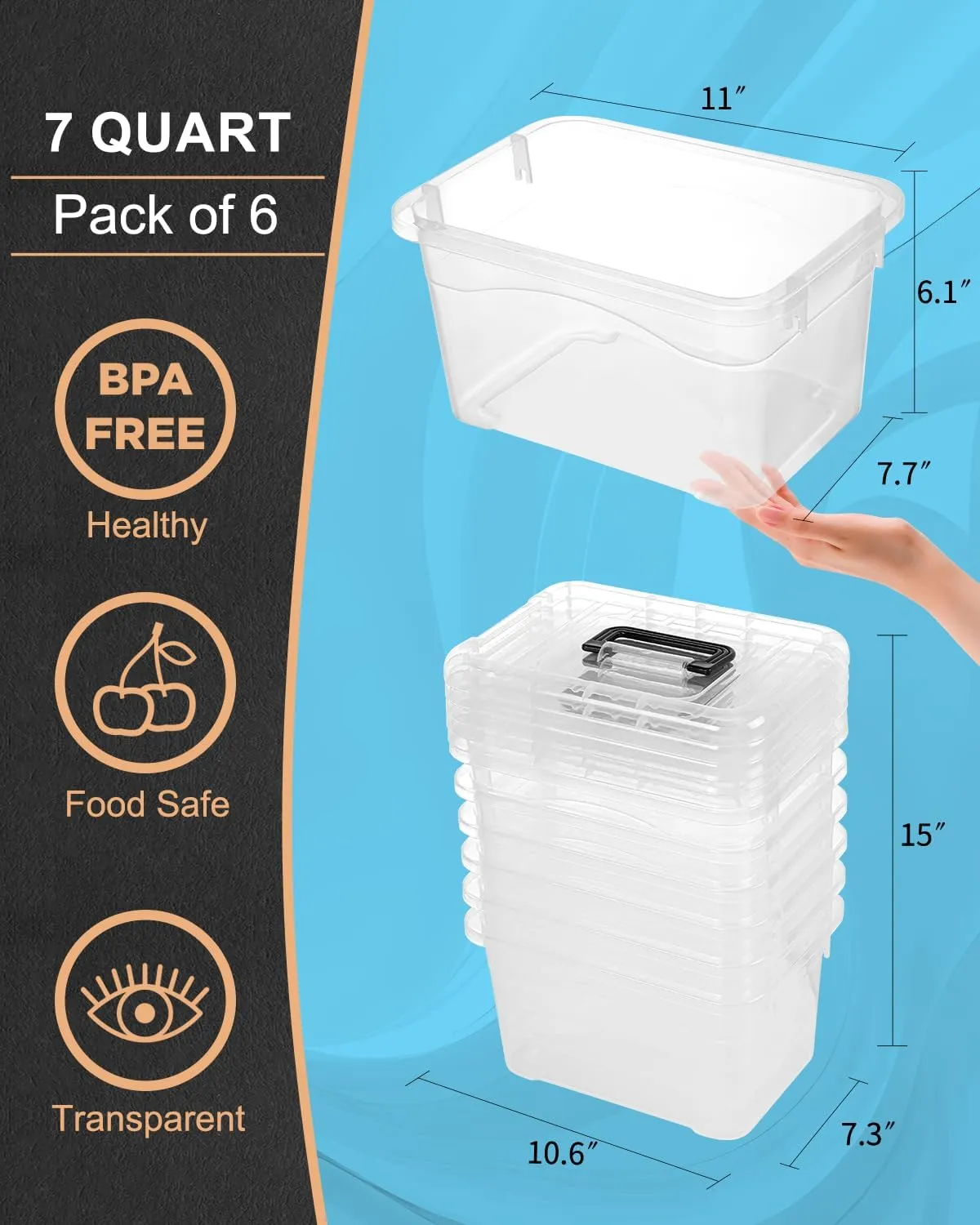Plastic Storage Bins with Lids 6 Packs, 7 Quart Storage Organizer Bins with Buckle-Up Latches and Handle, Stackable Storage Containers for Home Pantry Office Classroom Organization, Clear