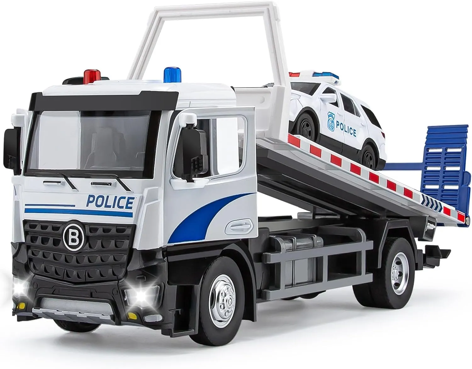 Police Tow Truck Toy Metal Cab, Flatbed Tow Truck Toys for Boys with Lights and Siren Sounds, Friction Powered Police Car for Toddlers Kids 12.5"