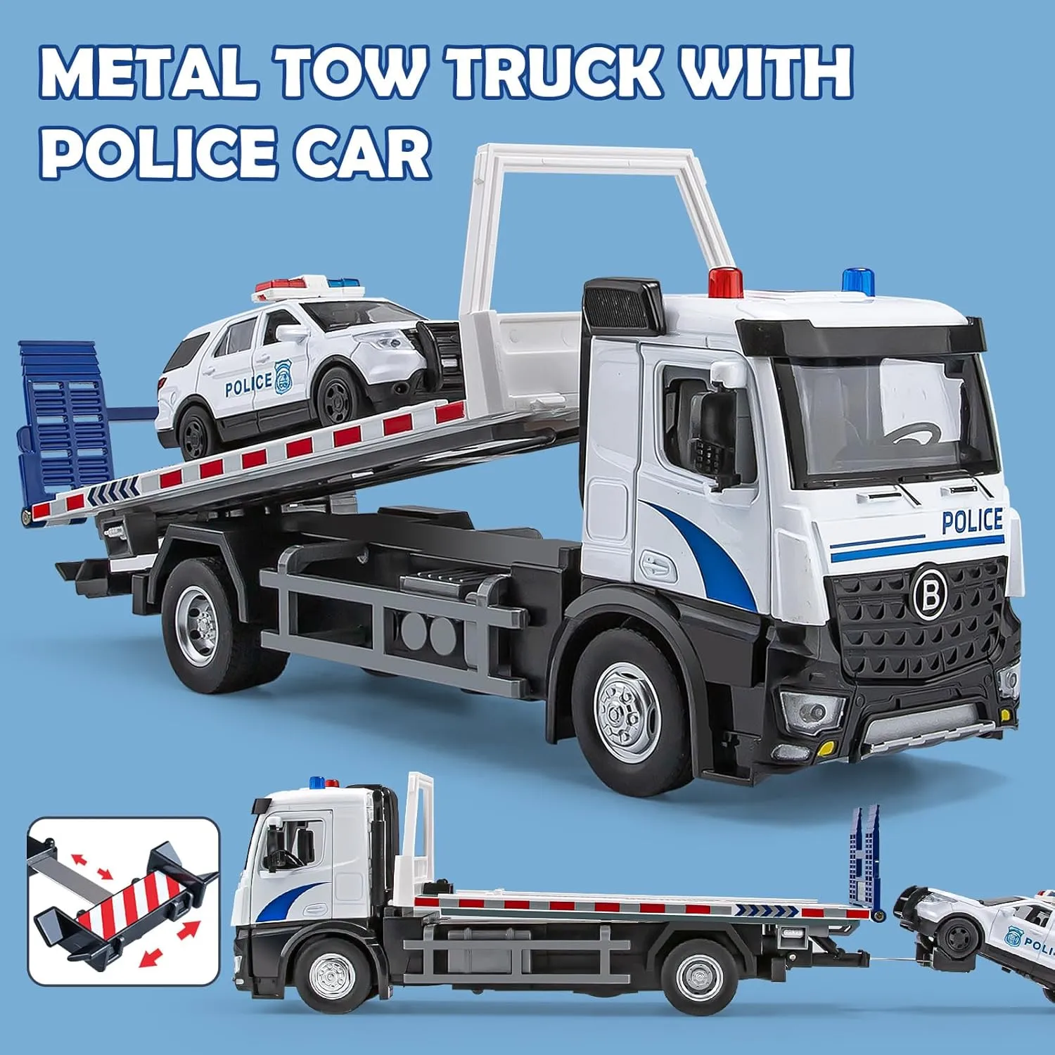 Police Tow Truck Toy Metal Cab, Flatbed Tow Truck Toys for Boys with Lights and Siren Sounds, Friction Powered Police Car for Toddlers Kids 12.5"