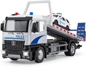 Police Tow Truck Toy Metal Cab, Flatbed Tow Truck Toys for Boys with Lights and Siren Sounds, Friction Powered Police Car for Toddlers Kids 12.5"