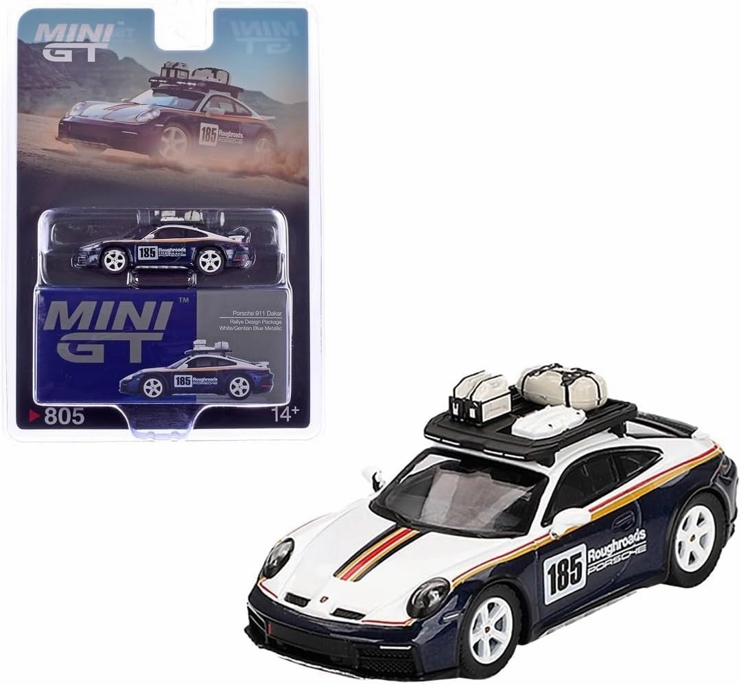 Porsch 911 Dakar Rallye Design Package White and Navy, Roughroads #185 Racing Edition with Roof Rack 1:64 (2.75") Scale Diecast Model Car MGT00805