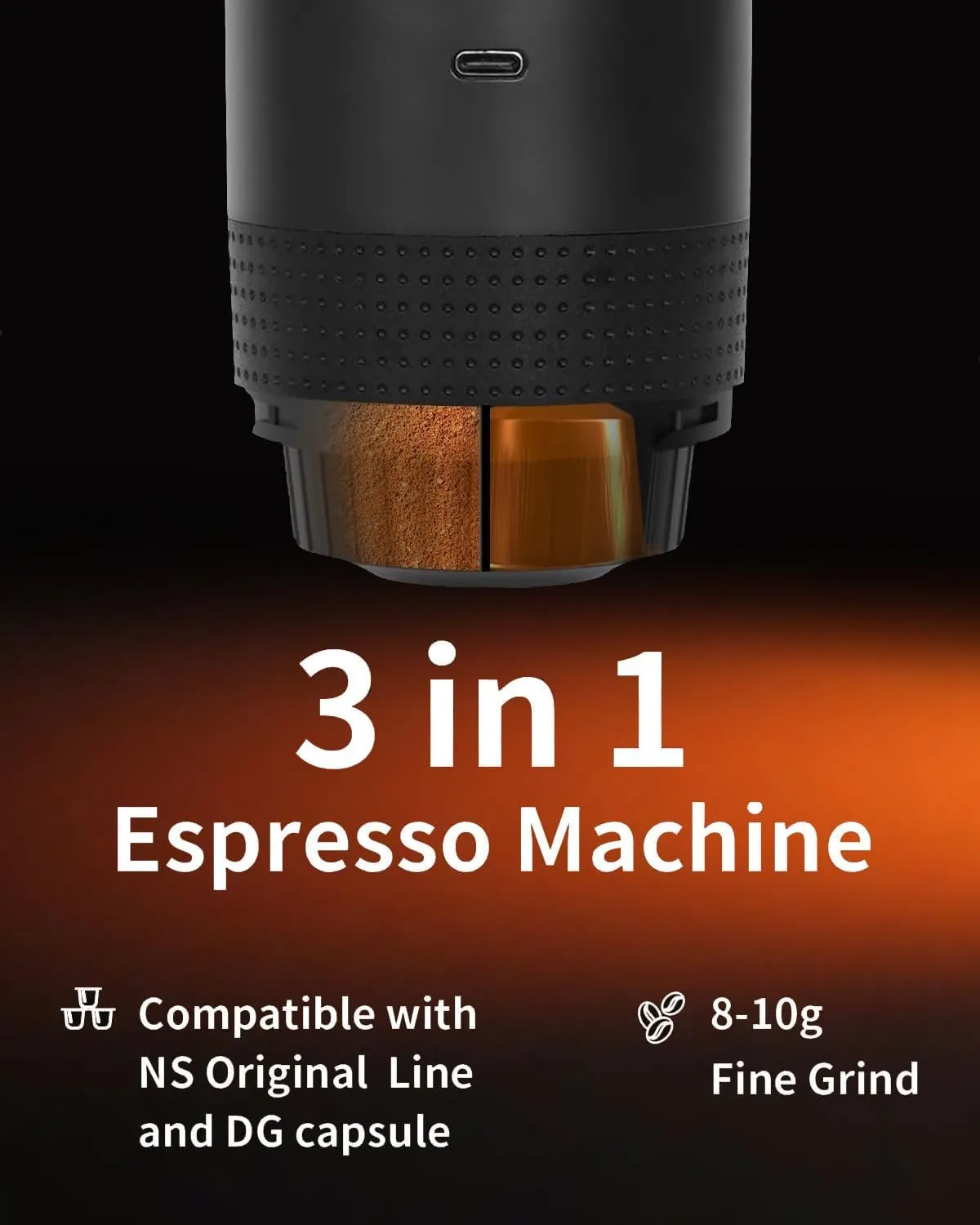 Portable Electric Espresso Machine, Travel Coffee Maker for Camping, Car, RV & Hiking, Self-Heating with Type-C, Compatible with Ground Coffee & NS Capsules, Black