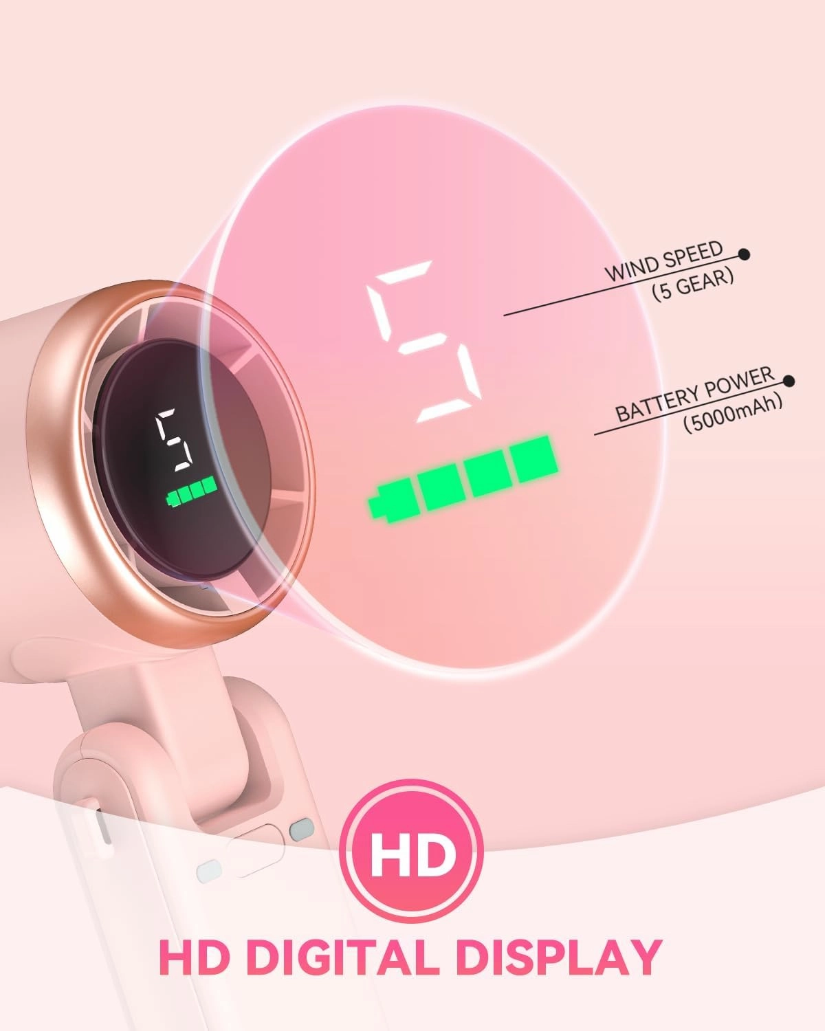 Portable Handheld Turbo Fan, 5-Speed Personal Fans, 5000mAh Rechargeable Fans Up to 12 Hours, Weight only 0.6lb Small Fan, Hand/Neck/Desk Fan 3 IN 1, Beach Vacation Essentials(Pink)