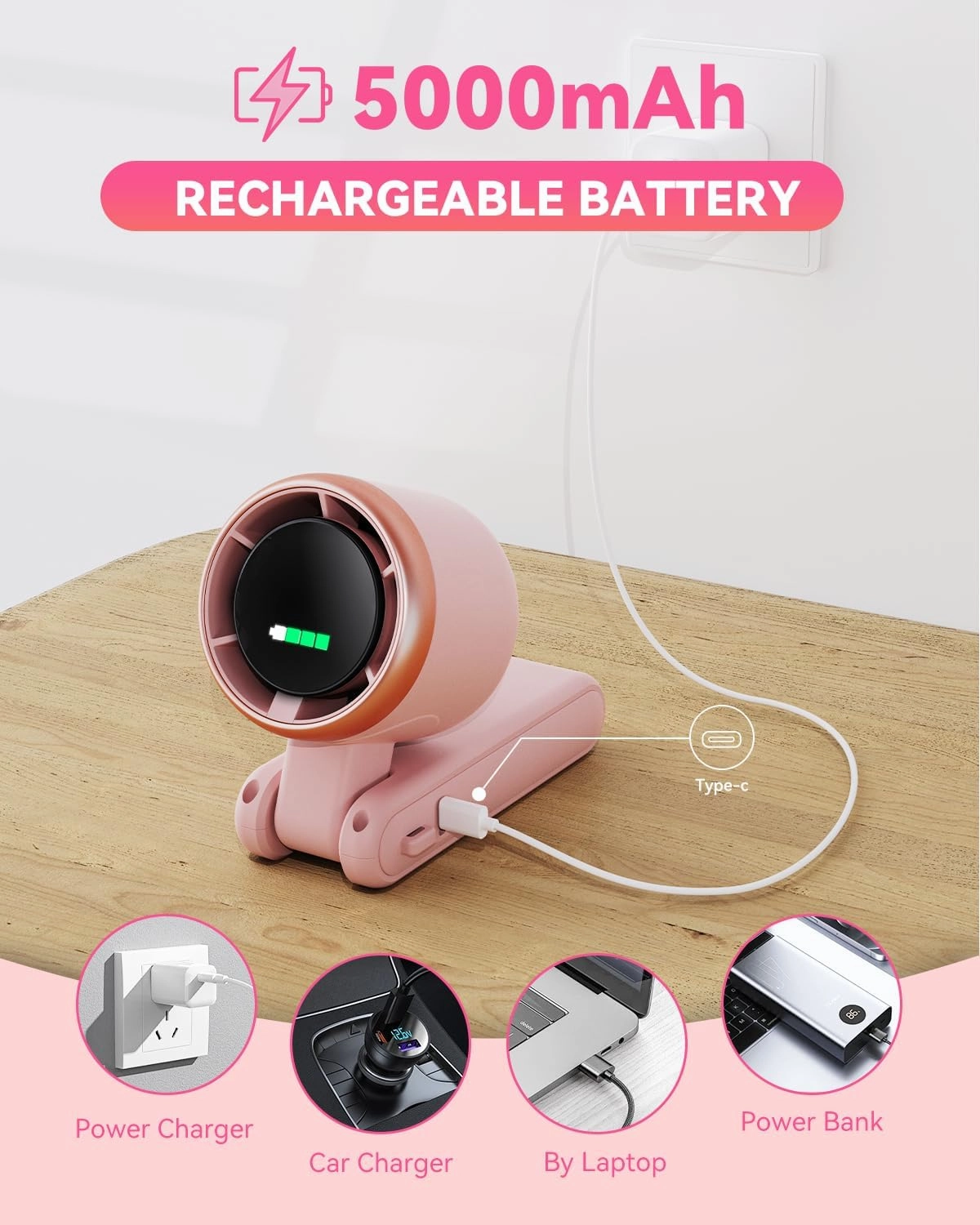 Portable Handheld Turbo Fan, 5-Speed Personal Fans, 5000mAh Rechargeable Fans Up to 12 Hours, Weight only 0.6lb Small Fan, Hand/Neck/Desk Fan 3 IN 1, Beach Vacation Essentials(Pink)