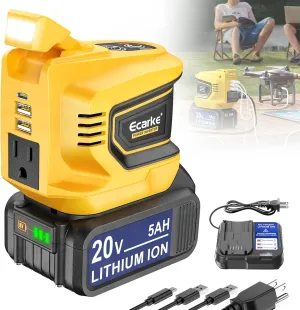 Power Inverter,200W Portable Power Station Generator for DeWALT 20V,Battery Inverter 20v to AC 110v,Supply Charger Adapter with Dual USB,AC Outlet and Type-C with 5Ah Battery & Charger Station Kit