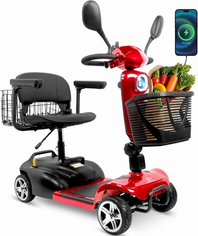 Powered Mobility Scooter, All Terrain Foldable Electric Scooter for Adults with Rearview Mirror,14 Miles Range,Long Range Power Extended Battery with Charger and LED Headlight (Red-X-03)
