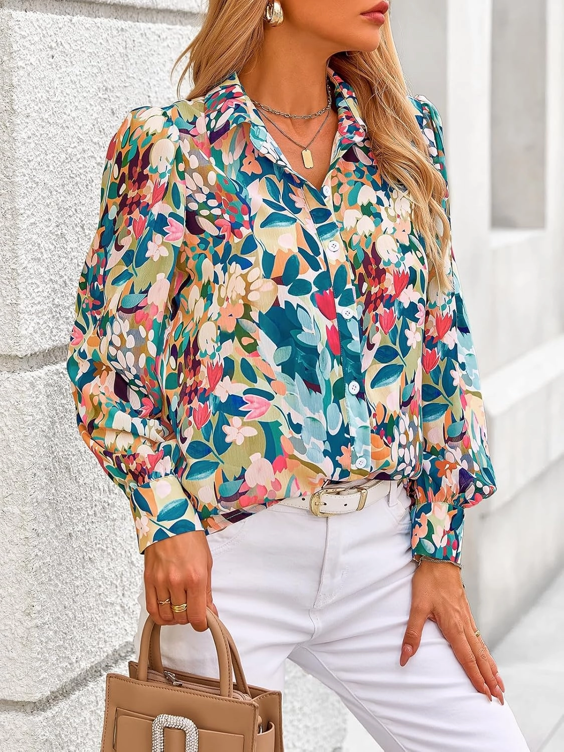 PRETTYGARDEN Women's Floral Blouses Dressy Casual V Neck Button Down Shirts Lantern Long Sleeve Boho Chiffon Spring Tops 2025