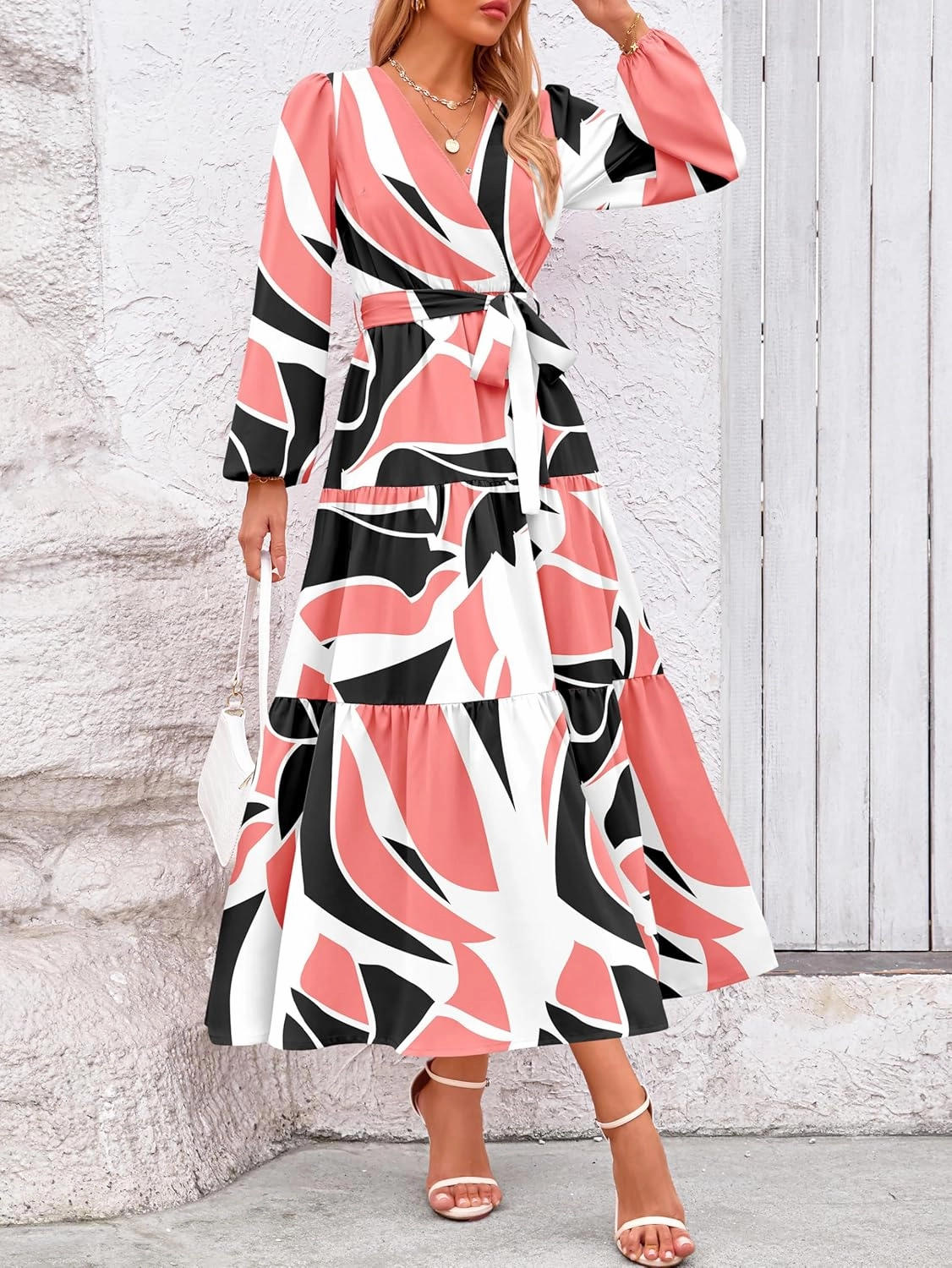 PRETTYGARDEN Womens Spring Long Sleeve Wrap V Neck Ruffle Floral Maxi Dress Casual Tie Waist Boho Chiffon Flowy Long Dresses