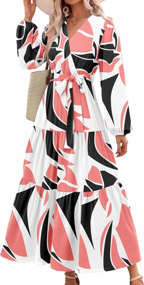 PRETTYGARDEN Womens Spring Long Sleeve Wrap V Neck Ruffle Floral Maxi Dress Casual Tie Waist Boho Chiffon Flowy Long Dresses