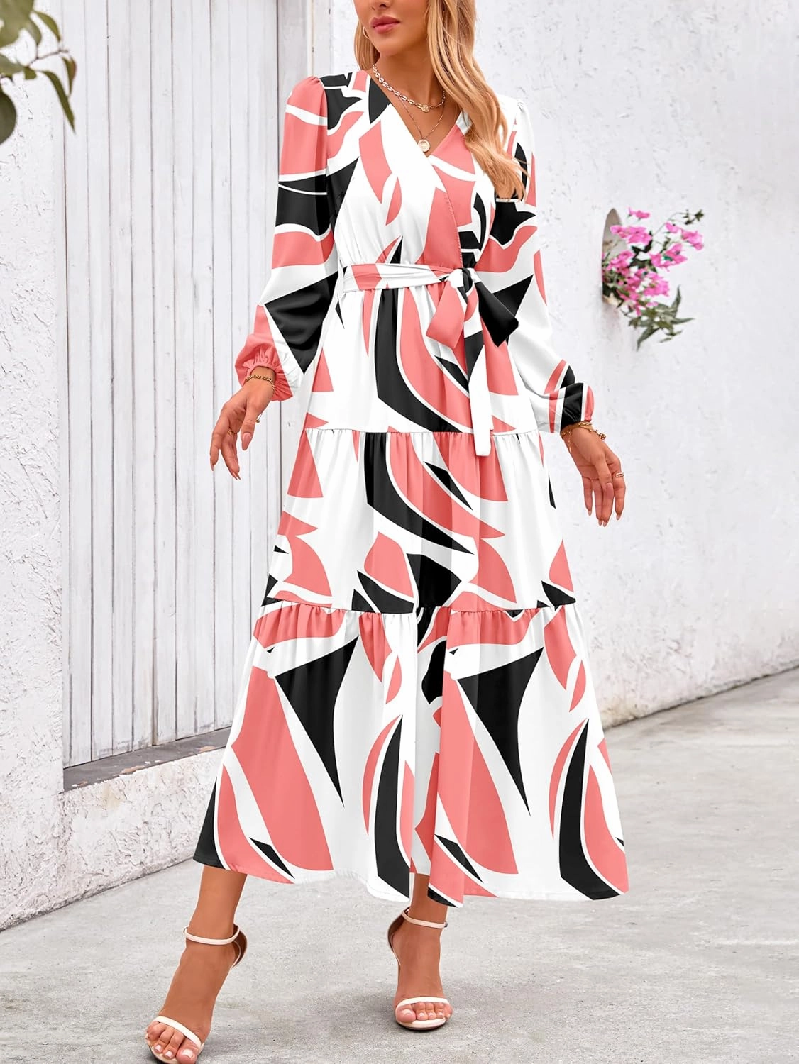 PRETTYGARDEN Womens Spring Long Sleeve Wrap V Neck Ruffle Floral Maxi Dress Casual Tie Waist Boho Chiffon Flowy Long Dresses