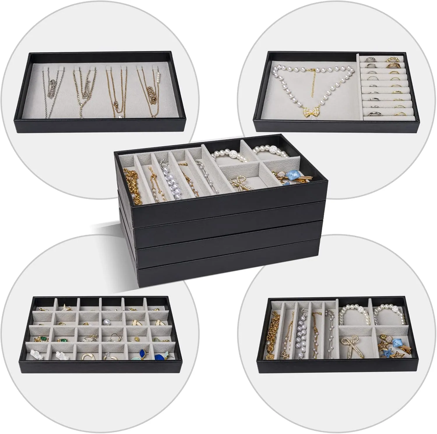 ProCase Stackable Jewelry Organizer Trays for Drawers, Jewelry Drawer Inserts Container Display Case Storage for Earring Necklace Rings Bracelet with Removable Dividers -Black, 4 Layers, Medium