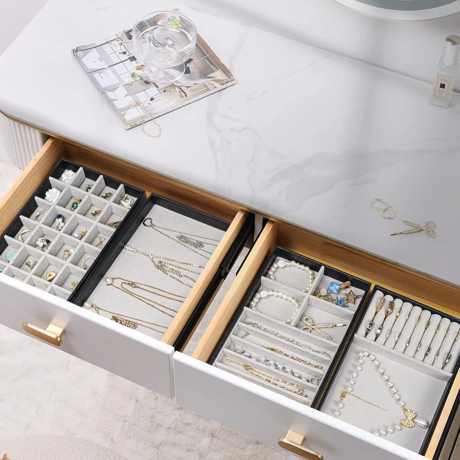 ProCase Stackable Jewelry Organizer Trays for Drawers, Jewelry Drawer Inserts Container Display Case Storage for Earring Necklace Rings Bracelet with Removable Dividers -Black, 4 Layers, Medium