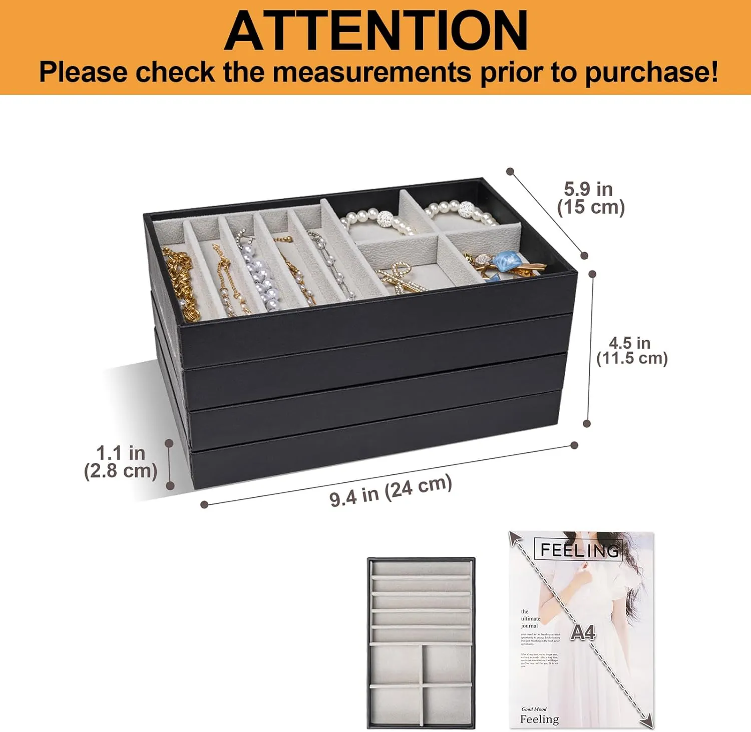 ProCase Stackable Jewelry Organizer Trays for Drawers, Jewelry Drawer Inserts Container Display Case Storage for Earring Necklace Rings Bracelet with Removable Dividers -Black, 4 Layers, Medium