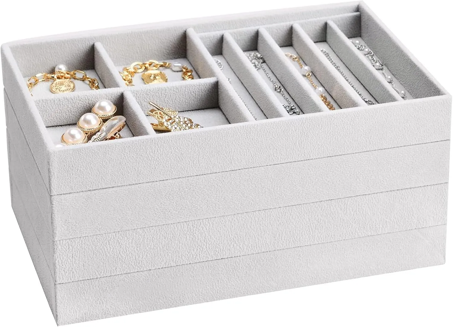 ProCase Stackable Jewelry Organizer Trays for Drawers, Jewelry Drawer Inserts Container Display Case Storage for Earring Necklace Rings Bracelet with Removable Dividers -Grey, 4 Layers, Medium
