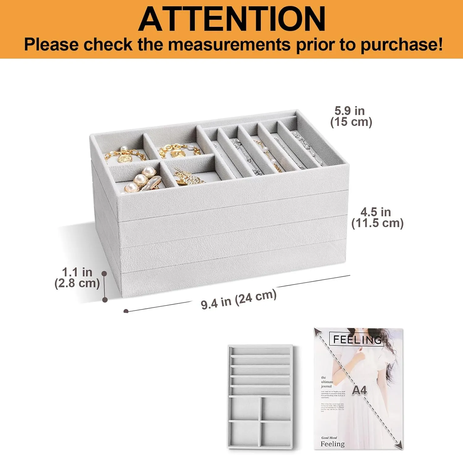ProCase Stackable Jewelry Organizer Trays for Drawers, Jewelry Drawer Inserts Container Display Case Storage for Earring Necklace Rings Bracelet with Removable Dividers -Grey, 4 Layers, Medium