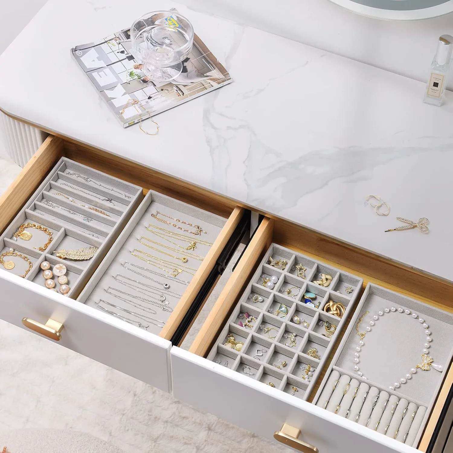 ProCase Stackable Jewelry Organizer Trays for Drawers, Jewelry Drawer Inserts Container Display Case Storage for Earring Necklace Rings Bracelet with Removable Dividers -Grey, 4 Layers, Medium