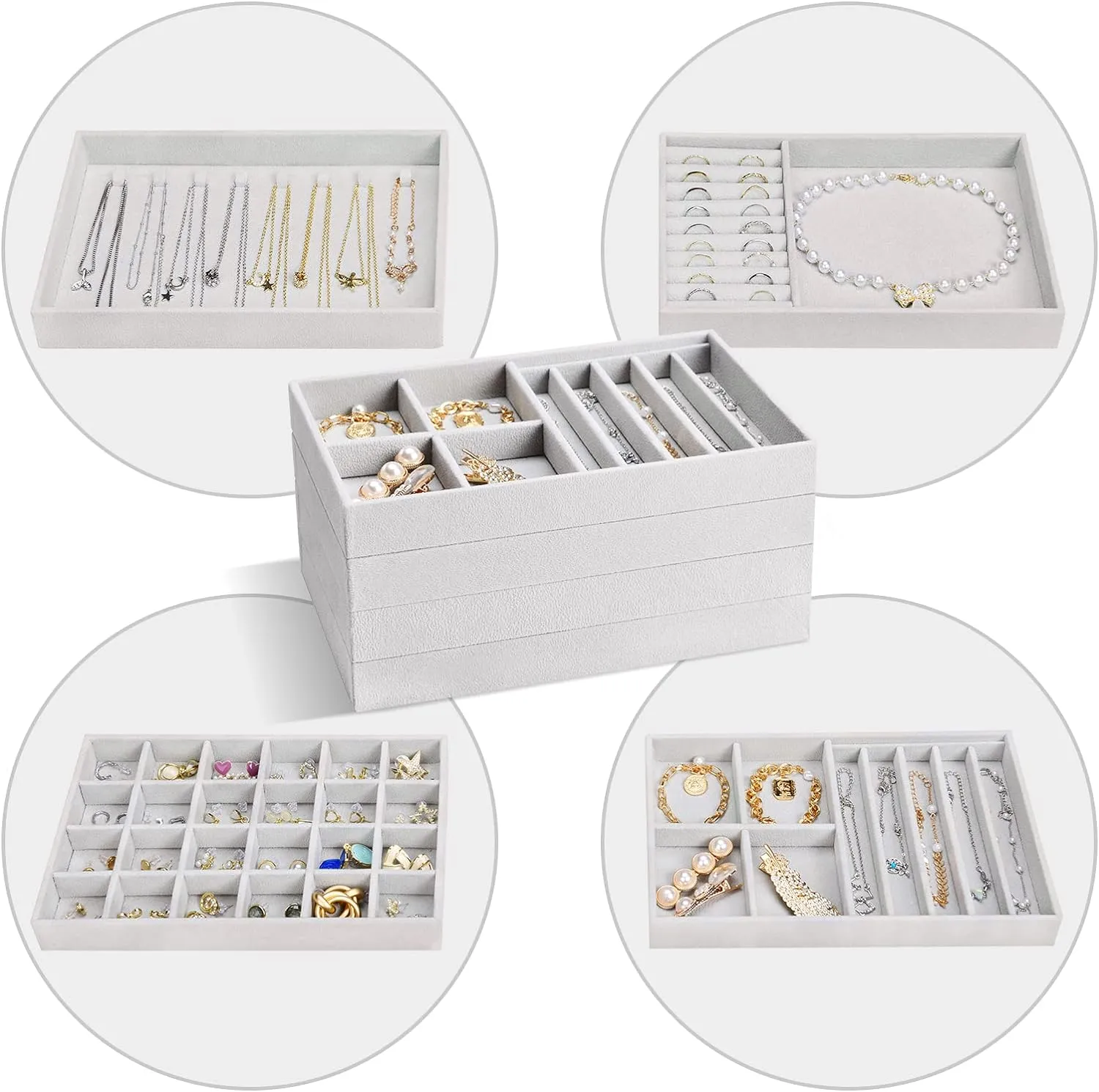 ProCase Stackable Jewelry Organizer Trays for Drawers, Jewelry Drawer Inserts Container Display Case Storage for Earring Necklace Rings Bracelet with Removable Dividers -Grey, 4 Layers, Medium