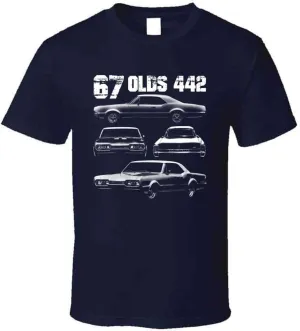 PurpleMonkeyTees 1967 Oldsmobile 442 Muscle Car Multi View Design with Year and Model T Shirt