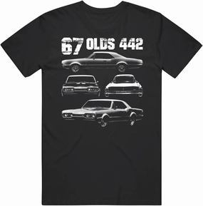 PurpleMonkeyTees 1967 Oldsmobile 442 Muscle Car Multi View Design with Year and Model T Shirt