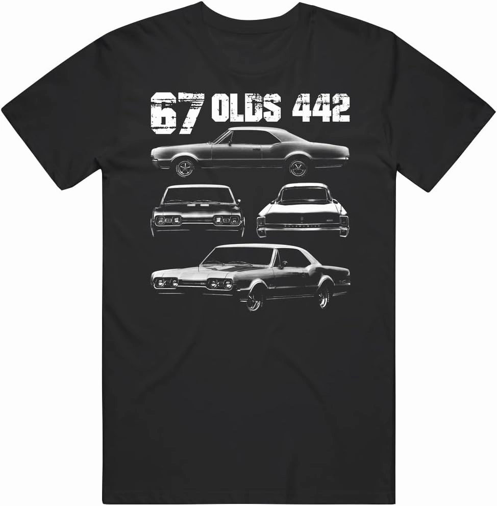 PurpleMonkeyTees 1967 Oldsmobile 442 Muscle Car Multi View Design with Year and Model T Shirt