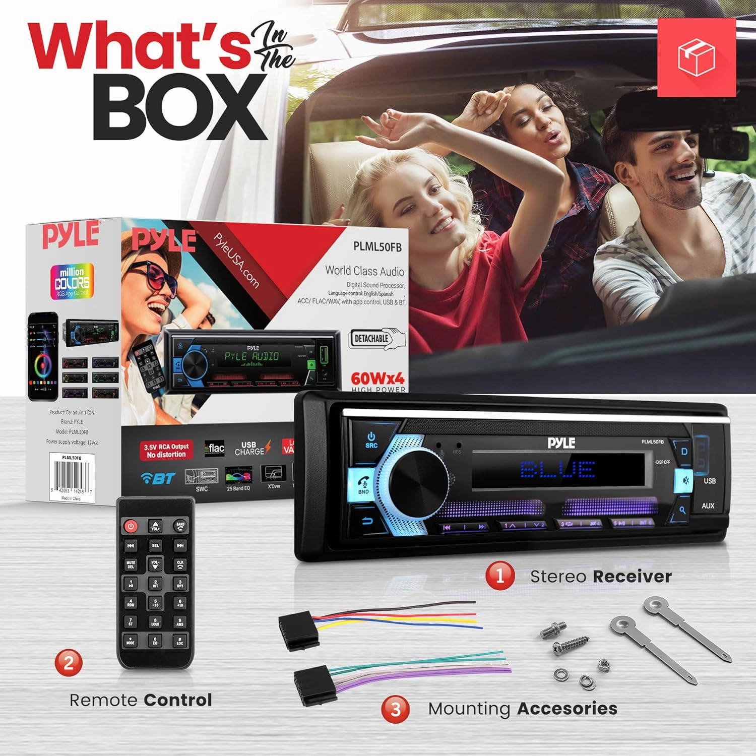 Pyle Bluetooth Stereo Headunit Receiver - In-Dash Single DIN Head Unit Receiver Power Amplifier System w/ Hands-Free Calling, LCD, AM/FM Radio, MP3/USB/AUX - Vehicle Car Bus Truck RV, Black - PLML50FB
