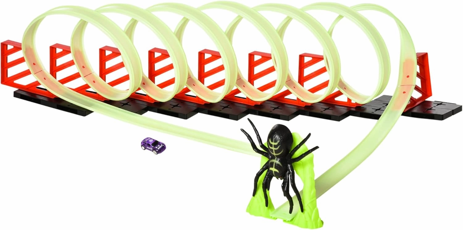 Qaba Track Builder Loop Kit Criss-Cross Glowing Race Track Toy Set Spooky Spider Fun Starter Kit, with Pull-Back Car for Kids 3-6 Years Old, Lime Green