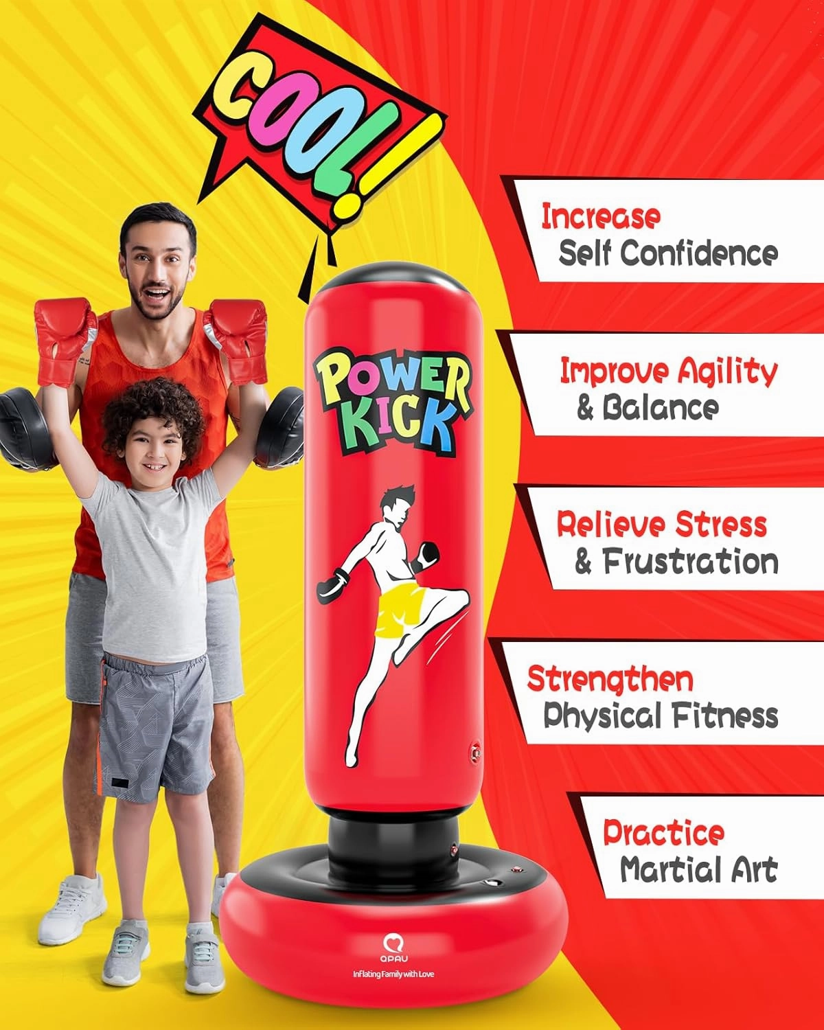 QPAU Kids Punching Bag Toy with Boxing Gloves, 66 Inch Larger Stable Kids Inflatable Boxing Bag Set, Gifts for Boys & Girls Age 6-12, for Practicing Karate, Taekwondo, MMA
