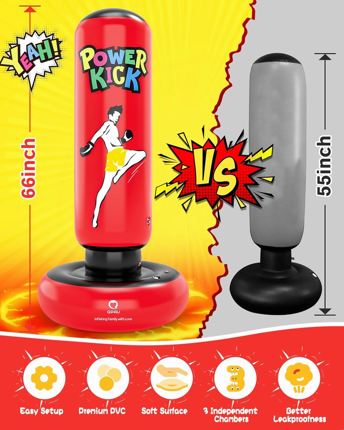QPAU Kids Punching Bag Toy with Boxing Gloves, 66 Inch Larger Stable Kids Inflatable Boxing Bag Set, Gifts for Boys & Girls Age 6-12, for Practicing Karate, Taekwondo, MMA