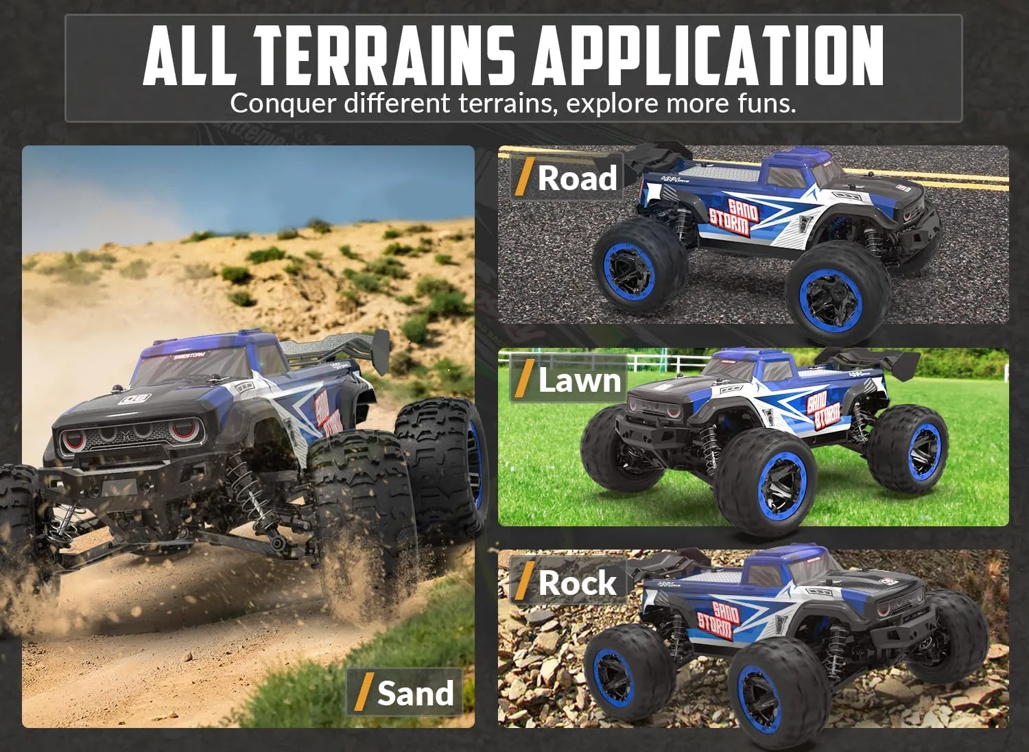RACENT 1:16 RC Truck 4x4 Hobby RC Car 40KPH High Speed Remote Control Truck for Kids Adults, Off-Road Monster Truck with 2.4Ghz Radio Control, 2 Batteries