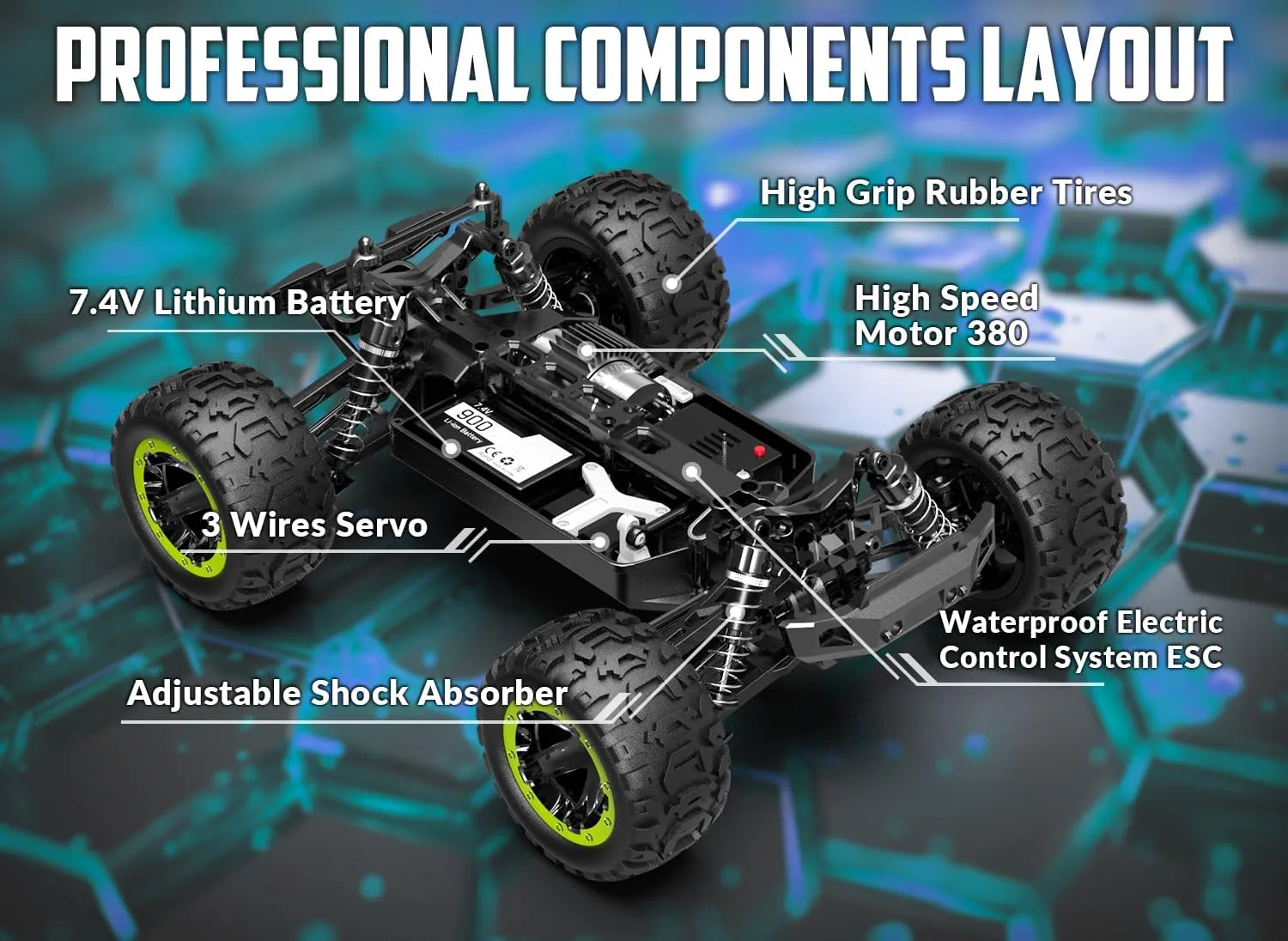 RACENT 1:16 RC Truck 4x4 Hobby RC Car 40KPH High Speed Remote Control Truck for Kids Adults, Off-Road Monster Truck with 2.4Ghz Radio Control, 2 Batteries