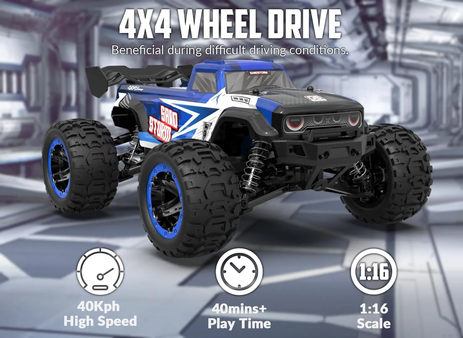 RACENT 1:16 RC Truck 4x4 Hobby RC Car 40KPH High Speed Remote Control Truck for Kids Adults, Off-Road Monster Truck with 2.4Ghz Radio Control, 2 Batteries