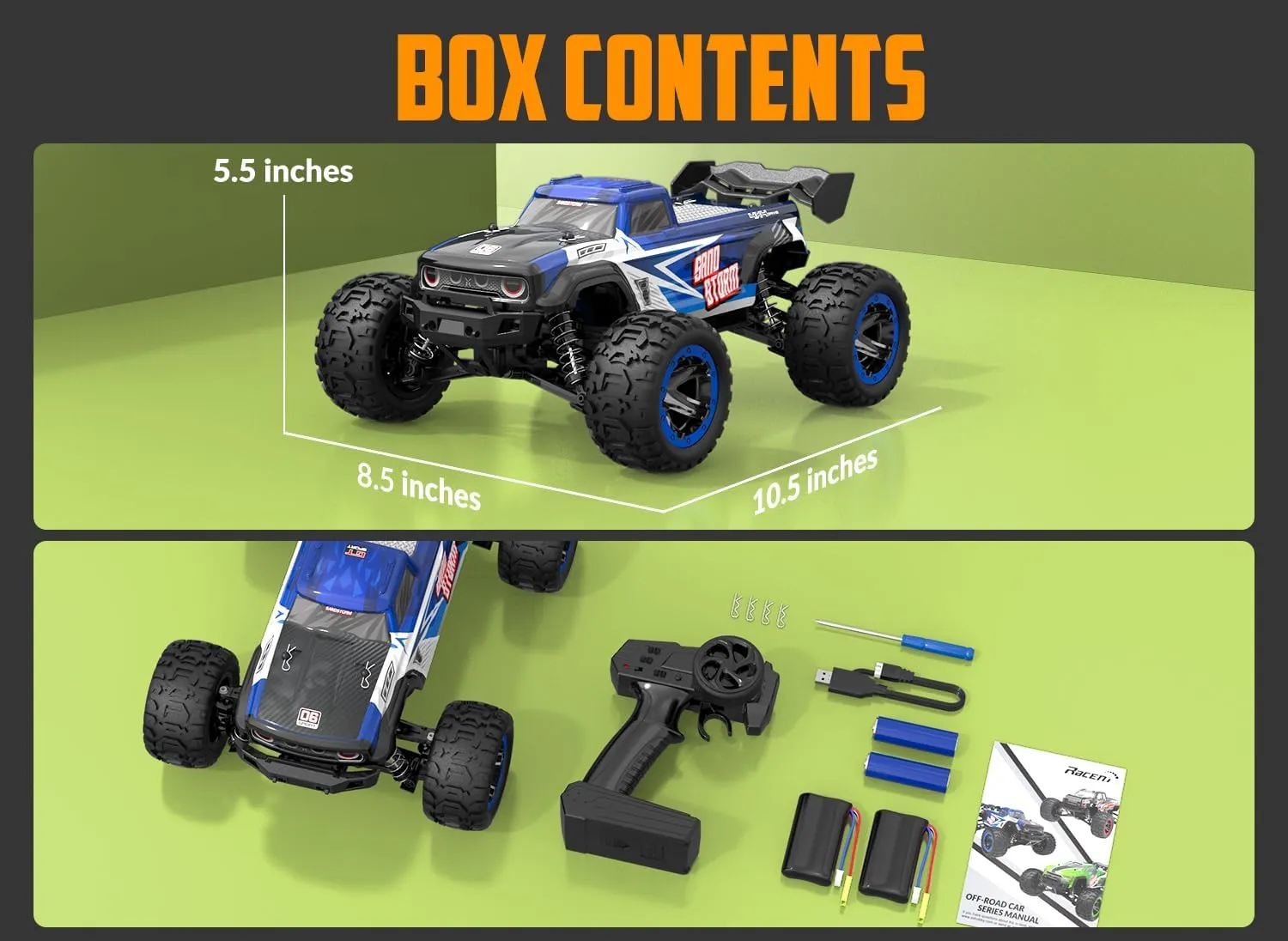RACENT 1:16 RC Truck 4x4 Hobby RC Car 40KPH High Speed Remote Control Truck for Kids Adults, Off-Road Monster Truck with 2.4Ghz Radio Control, 2 Batteries
