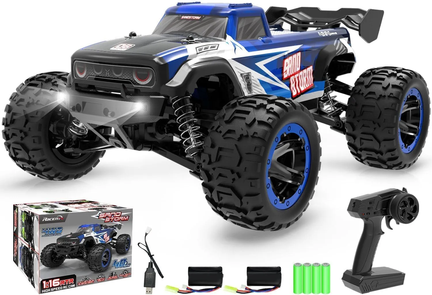 RACENT 1:16 RC Truck 4x4 Hobby RC Car 40KPH High Speed Remote Control Truck for Kids Adults, Off-Road Monster Truck with 2.4Ghz Radio Control, 2 Batteries