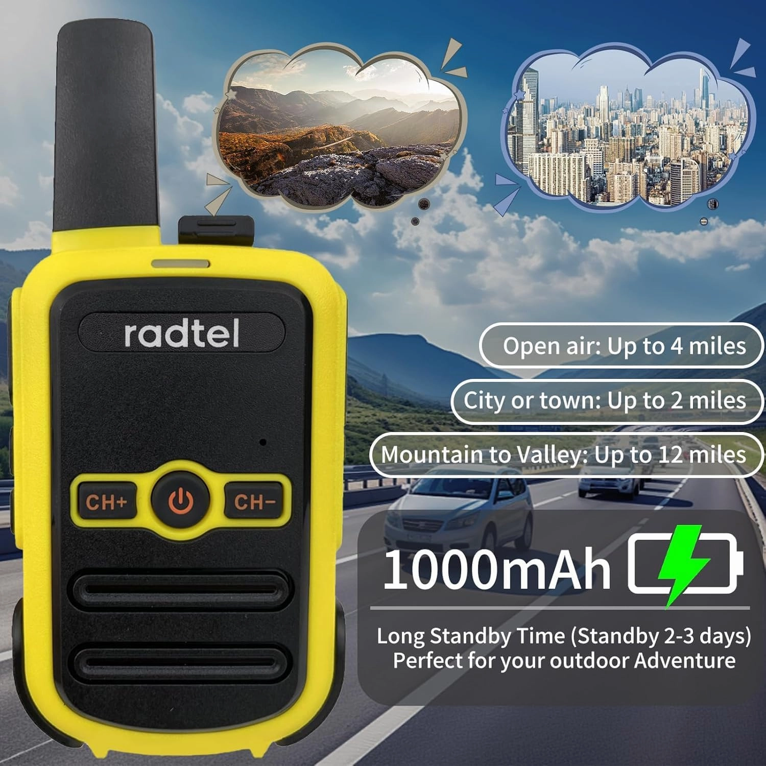 Radtel RT12 Rechargeable Walkie Talkies for Adults Long Range Handheld FRS Two Way Radio 16CH Handsfree VOX for Camping Hiking (4 Pack) (Yellow)
