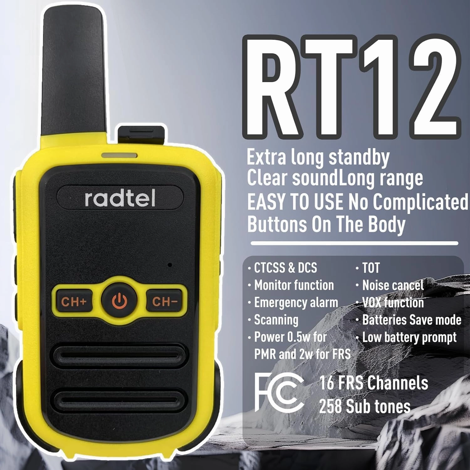 Radtel RT12 Rechargeable Walkie Talkies for Adults Long Range Handheld FRS Two Way Radio 16CH Handsfree VOX for Camping Hiking (4 Pack) (Yellow)