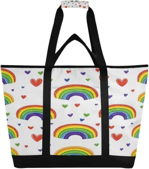 Rainbow Heart Reusable Insulated Lunchbox Cooler Bag, Leakproof Kitchen Grocery Bag Collapsible Portable Cooler Tote Bag for Picnic, Camping, Office, Travel