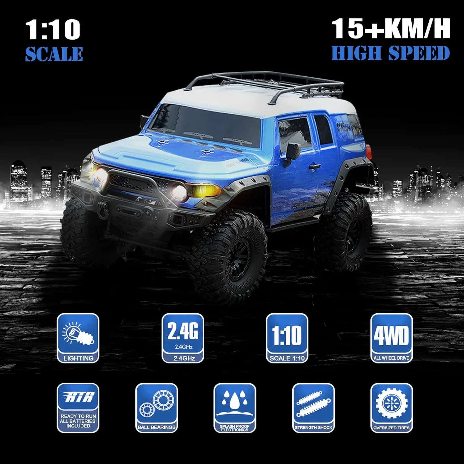 RC Cars RC Crawler 1/10 Scale RTR Remote Control Car 4WD 2.4GHz Brushed Offroad Racing Hobby Grade Model Vehicle with LED Lights 2Pcs Battery Toy for Kids and Adults