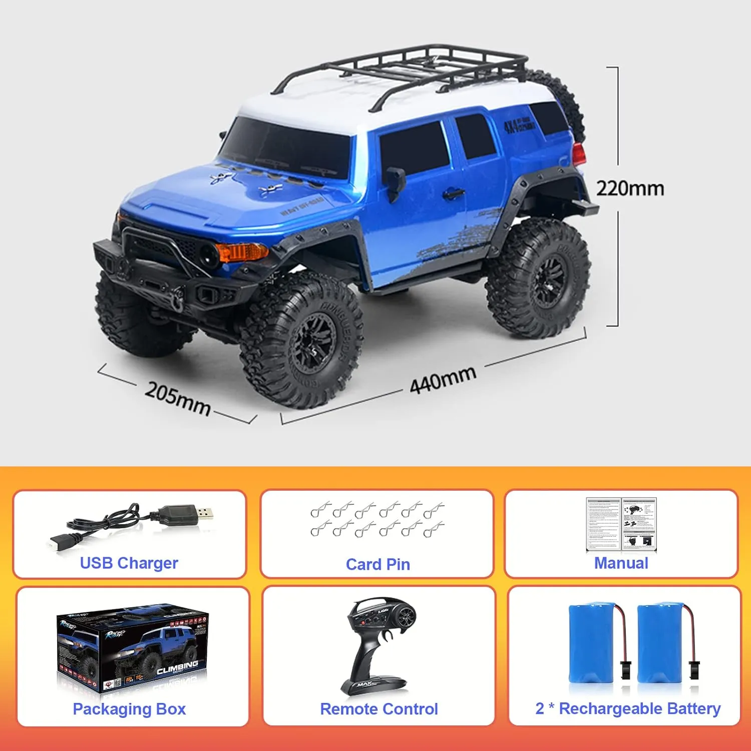 RC Cars RC Crawler 1/10 Scale RTR Remote Control Car 4WD 2.4GHz Brushed Offroad Racing Hobby Grade Model Vehicle with LED Lights 2Pcs Battery Toy for Kids and Adults