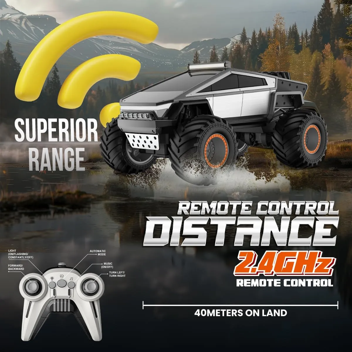 RC Cyber Truck Toy Car 1:16 Scale, Waterproof 4WD Amphibious, Remote Control for Kids 6 , All-Terrain Off-Road Pickup, 2.4GHz, Ideal Gift for Boys (2401 car)