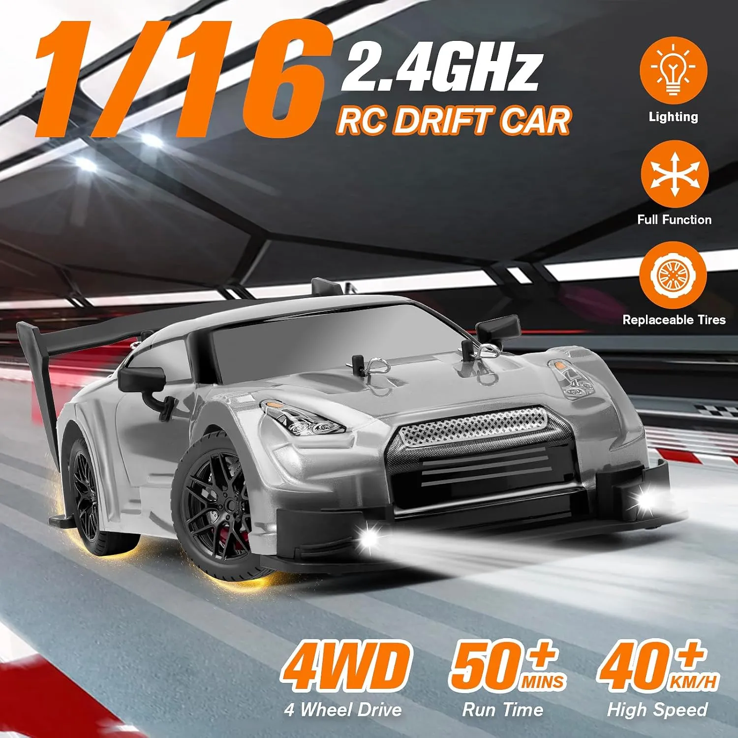 RC Drift Car, 1:16 Scale Drifting RC Cars, 2.4GHz 4WD RC Race Car, 40km/h High-Speed Remote Control Drift Car Vehicle, Racing Sport for Boys Girls Kids - 2 USB Rechargeable Batteries (Silver)