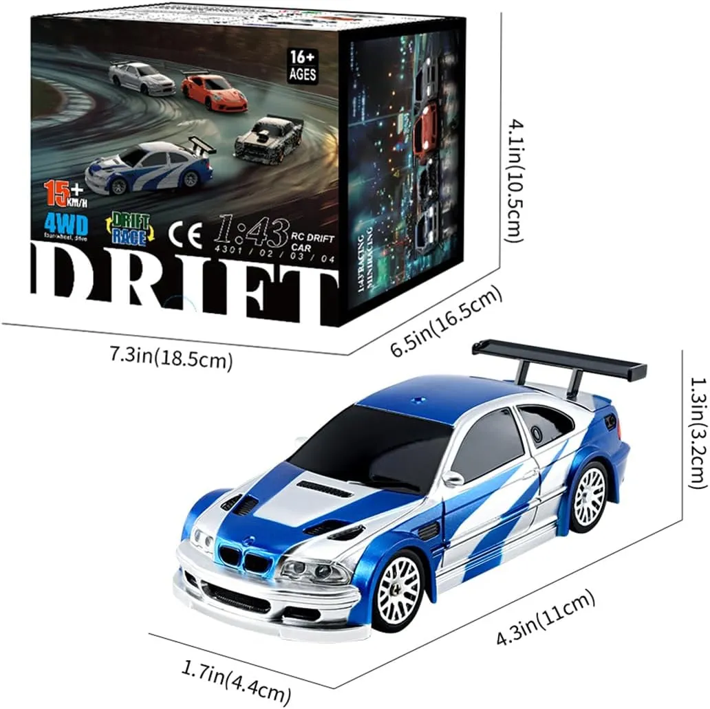 RC Drift Car, 1/43 Scale, 2.4G Full Proportional, Electric Mini Racing, Blue & White, Adults & Teenagers