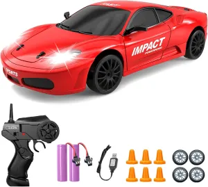 RC Drift Car, 2.4GHz Remote Control Cars 1/24 4WD High Speed Drift Car with LED Lights and Dritfing Tires Vehicle Racing Toy Cars with Two Batteries for Boys Girls Adults Kids (Red)