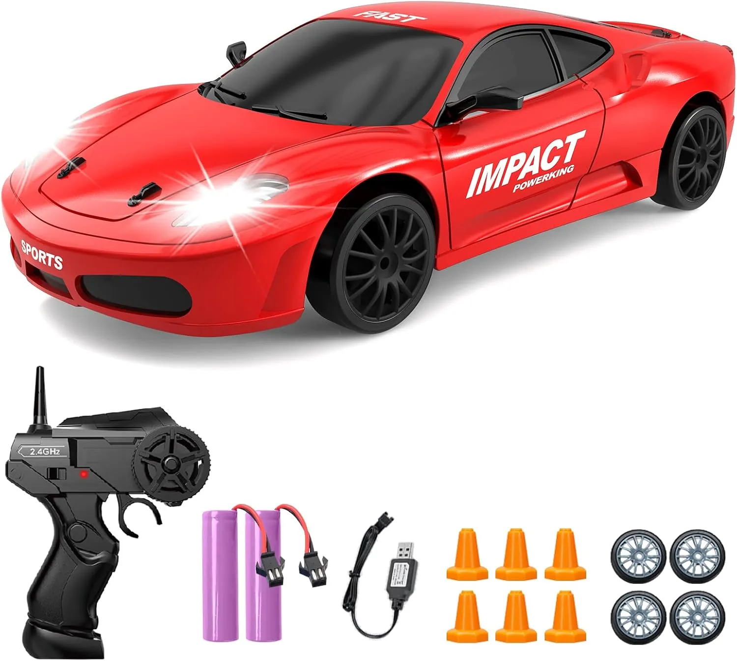 RC Drift Car, 2.4GHz Remote Control Cars 1/24 4WD High Speed Drift Car with LED Lights and Dritfing Tires Vehicle Racing Toy Cars with Two Batteries for Boys Girls Adults Kids (Red)