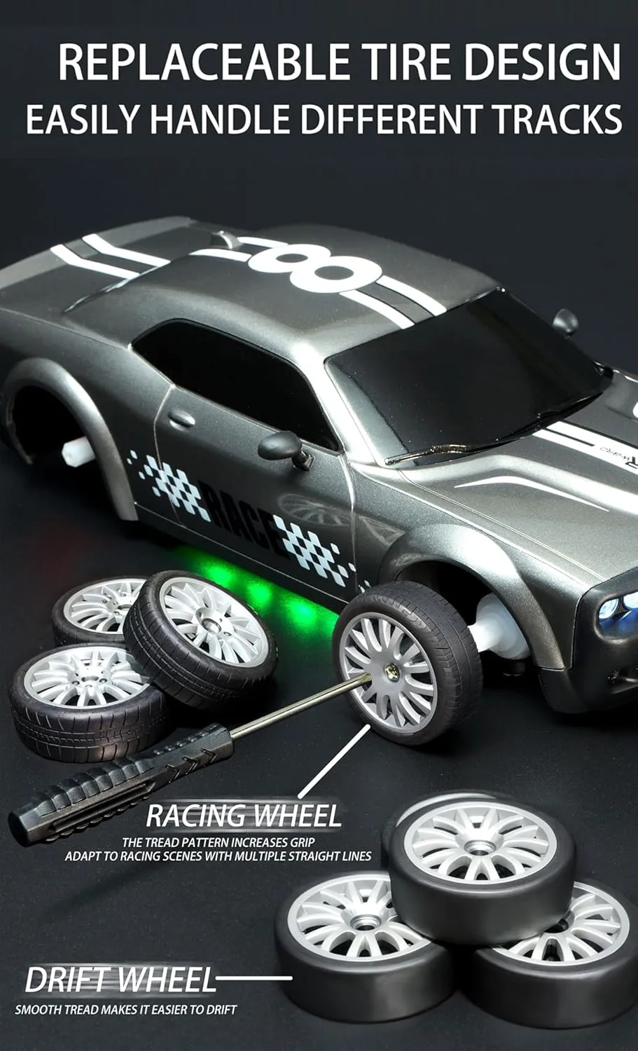 RC Drift Car Remote Control Car 2.4GHz 1:20 Scale 4WD 20KM/H High Speed Model Vehicle with LED Lights Drifting Tire Racing Sport Toy Car for Adults Boys Girls Kids Gift, Silver